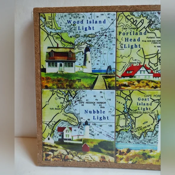 The Traveled Lane Maine Coast Lighthouse 4 Pc Coasters Trivet Ceramic Nautical Kitchen